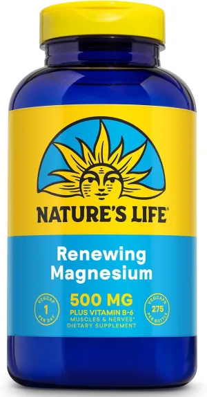 Nature's Life Renewing Magnesium 500 mg - Magnesium Citrate, Magnesium Malate, Magnesium Oxide Plus Vitamin B-6 - Muscles and Nerves Support - Lab Verified - 275 Servings, 275 VegCaps