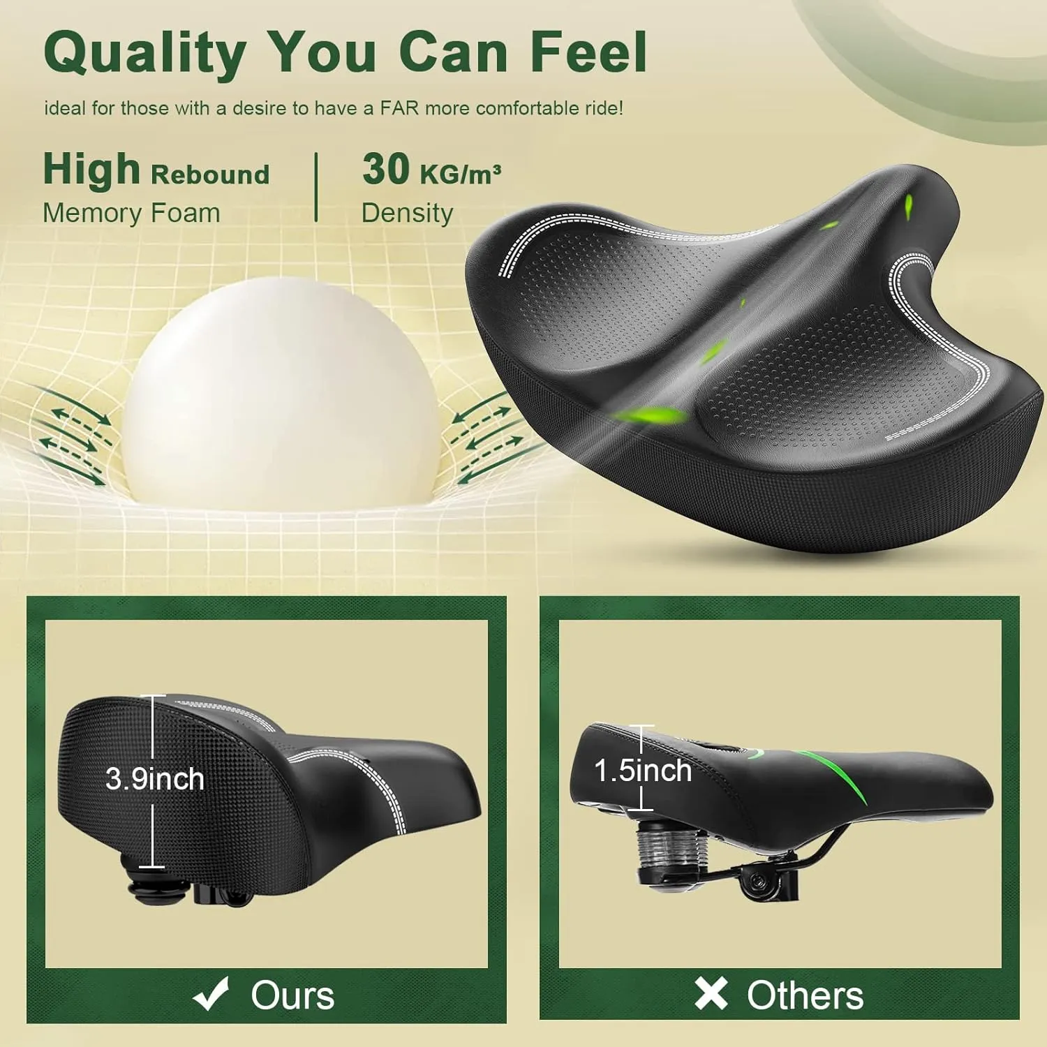 New Noseless Oversized Bike Seat, Extra Wide Comfort Pure Memory Foam Bicycle Seat Cushion, Compatible Saddle Replacement with Electric Bike, Exercise, Cruiser, Road Bike for Men & Women