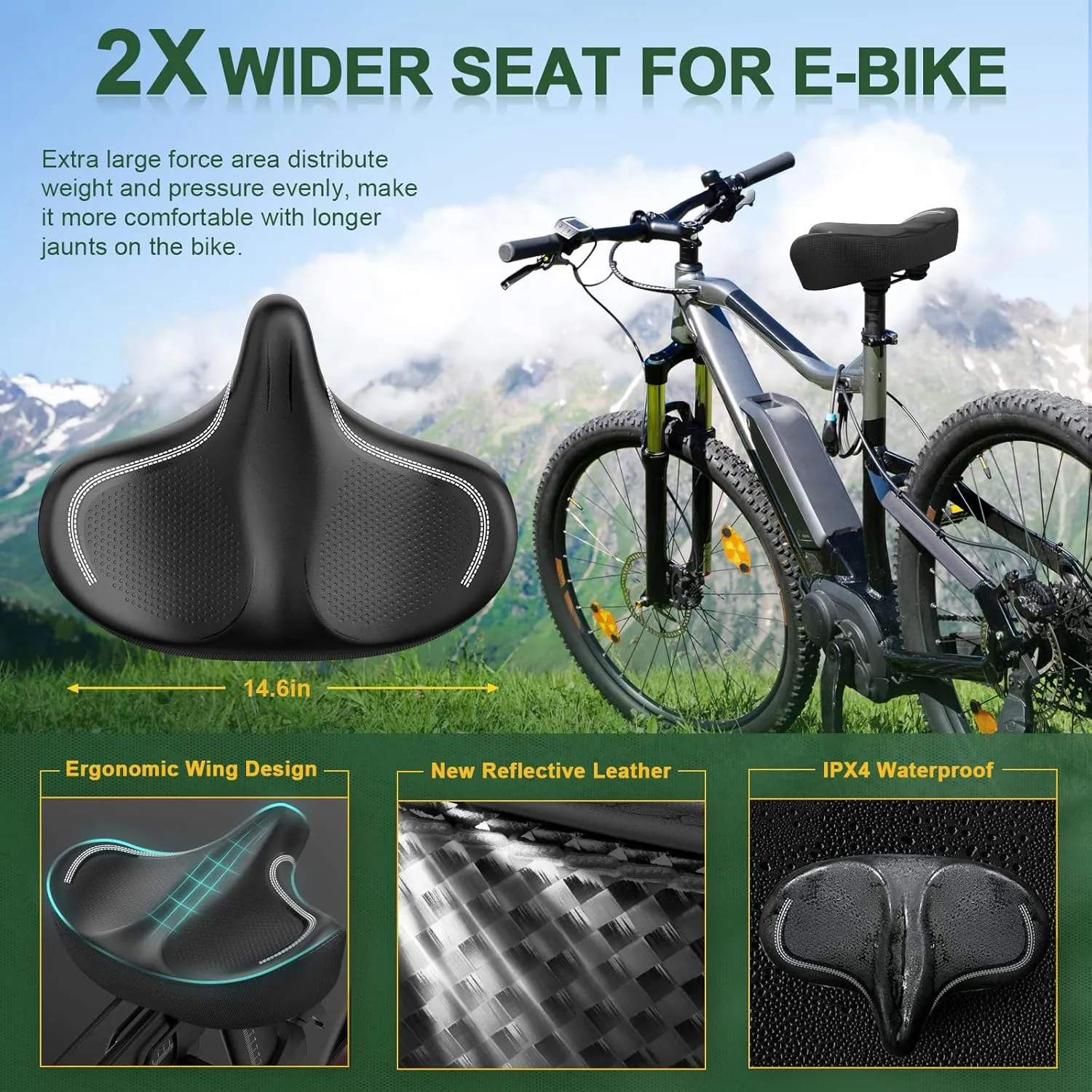 New Noseless Oversized Bike Seat, Extra Wide Comfort Pure Memory Foam Bicycle Seat Cushion, Compatible Saddle Replacement with Electric Bike, Exercise, Cruiser, Road Bike for Men & Women