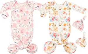 Newborn Baby Knotted Gown Sleeper Gown with Mittens Long Sleeve Nightgown Baby Coming Home Outfit with Hat 2 Pieces