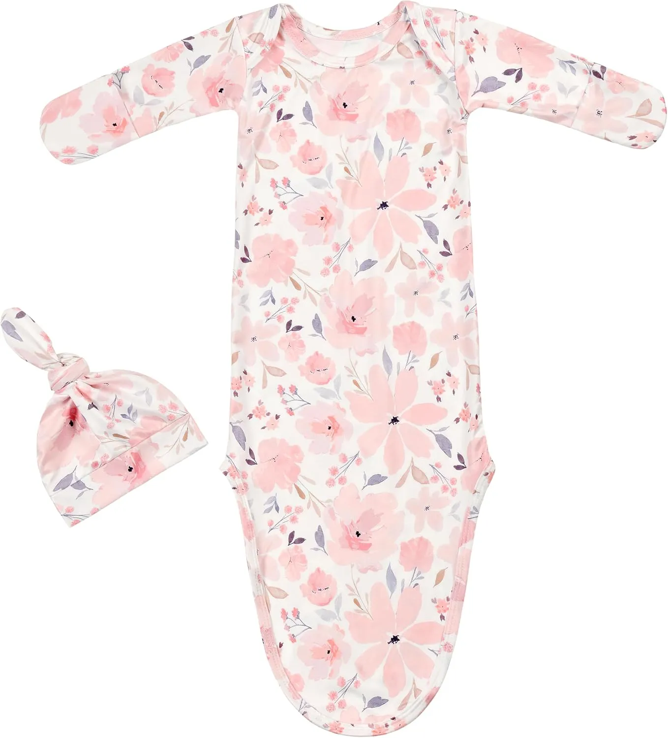 Newborn Baby Knotted Gown Sleeper Gown with Mittens Long Sleeve Nightgown Baby Coming Home Outfit with Hat 2 Pieces