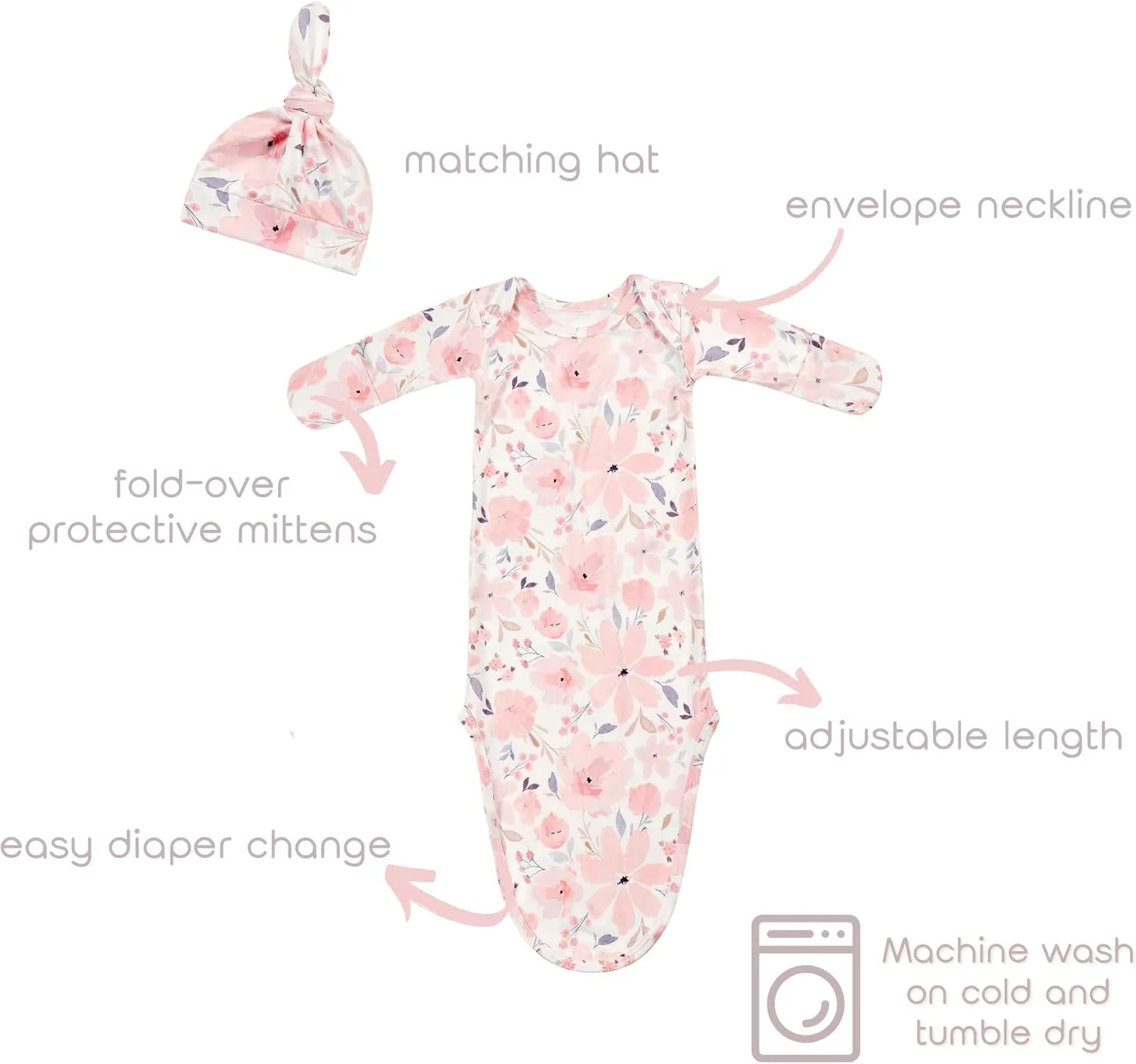 Newborn Baby Knotted Gown Sleeper Gown with Mittens Long Sleeve Nightgown Baby Coming Home Outfit with Hat 2 Pieces