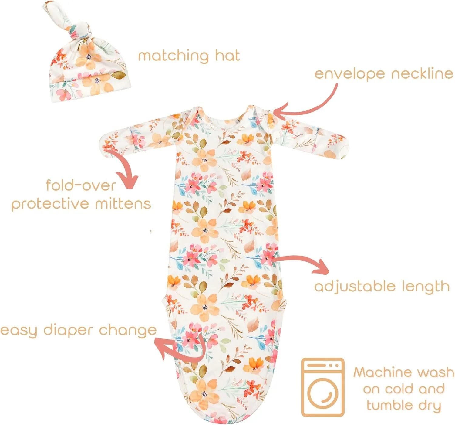 Newborn Baby Knotted Gown Sleeper Gown with Mittens Long Sleeve Nightgown Baby Coming Home Outfit with Hat 2 Pieces