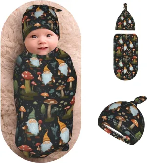 Newborn Swaddle Blanket Gnomes and Mushrooms Baby Sleep Sack with Beanie Set Soft Stretch Adjustable Wraps Receiving Blankets for Infant Boy Girl