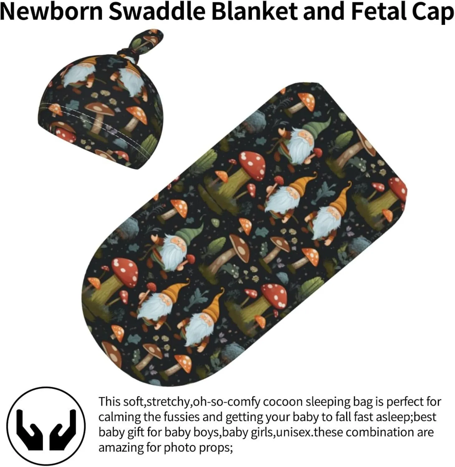 Newborn Swaddle Blanket Gnomes and Mushrooms Baby Sleep Sack with Beanie Set Soft Stretch Adjustable Wraps Receiving Blankets for Infant Boy Girl