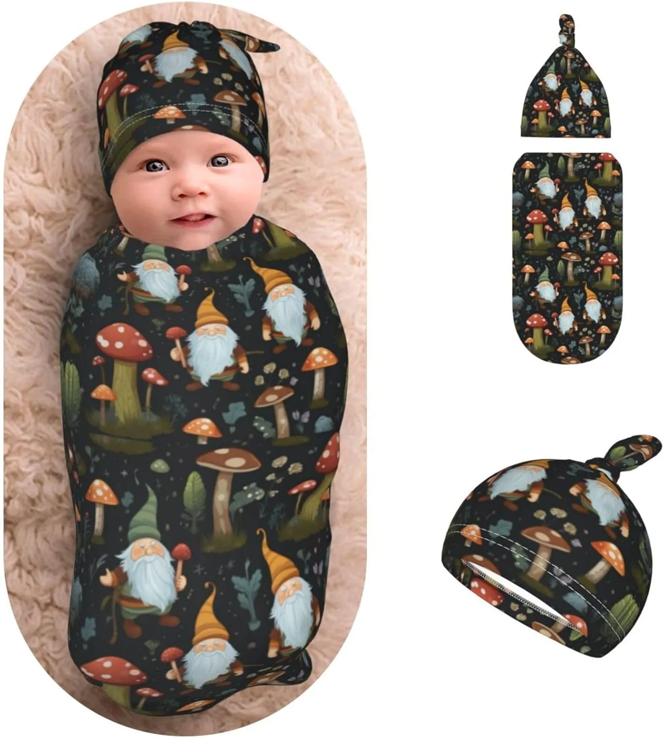 Newborn Swaddle Blanket Gnomes and Mushrooms Baby Sleep Sack with Beanie Set Soft Stretch Adjustable Wraps Receiving Blankets for Infant Boy Girl
