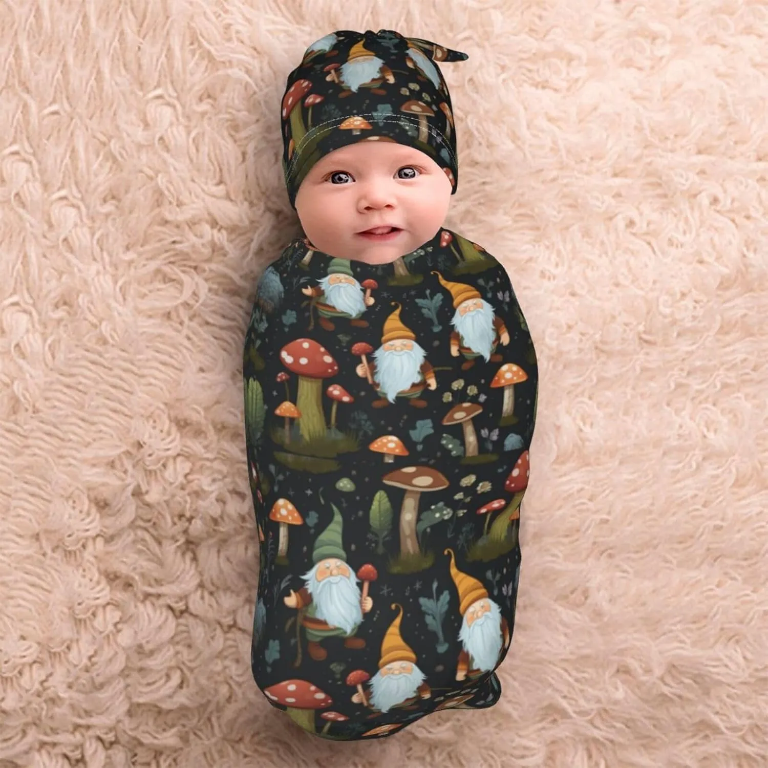 Newborn Swaddle Blanket Gnomes and Mushrooms Baby Sleep Sack with Beanie Set Soft Stretch Adjustable Wraps Receiving Blankets for Infant Boy Girl