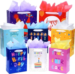 Nihuecne 8 Pack Birthday Gift Bags Assorted Sizes (2 Extra Large 15", 3 Large 13",3 Medium 9") with Ribbon Handle and Tissue Paper, Reusable and Perfect For Wrapping Present