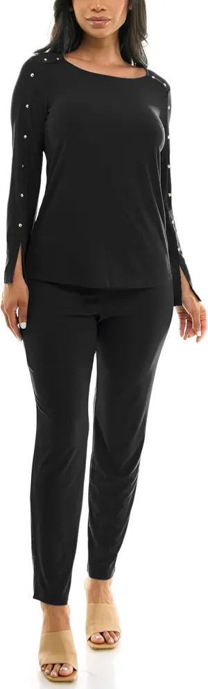 NINA LEONARD scoop neck embellished shoulder long sleeve with elastic waist pant BLACK/S, Small