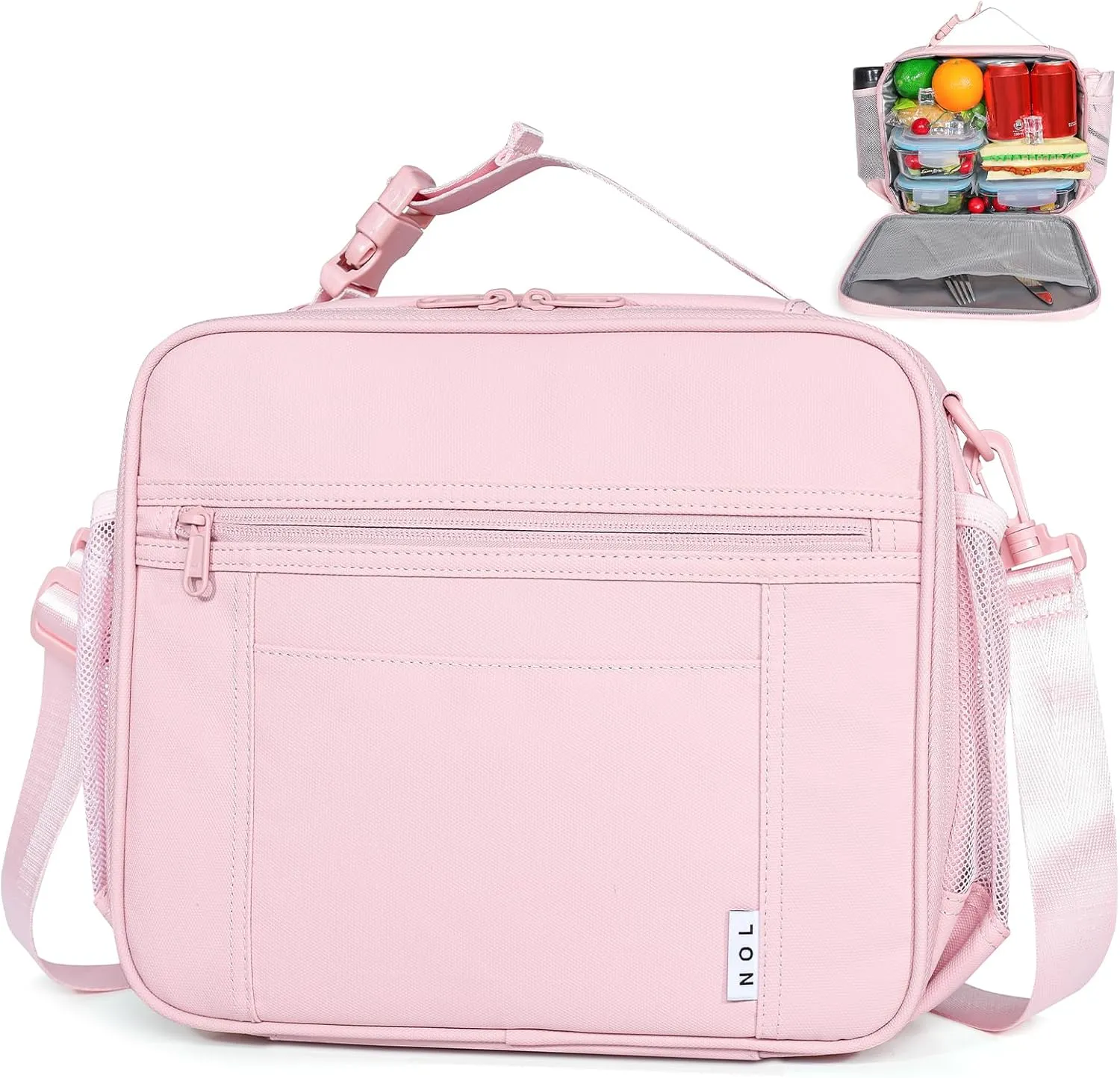 NOL Kids Lunch Bag - Kids 3  Reusable Insulated Lunch Box with Zipper Closure Buckle Handle Adjustable Long Shoulder Strap, Easy-Clean Waterproof Fabric, Children Lunch Tote Bag for School -Pink