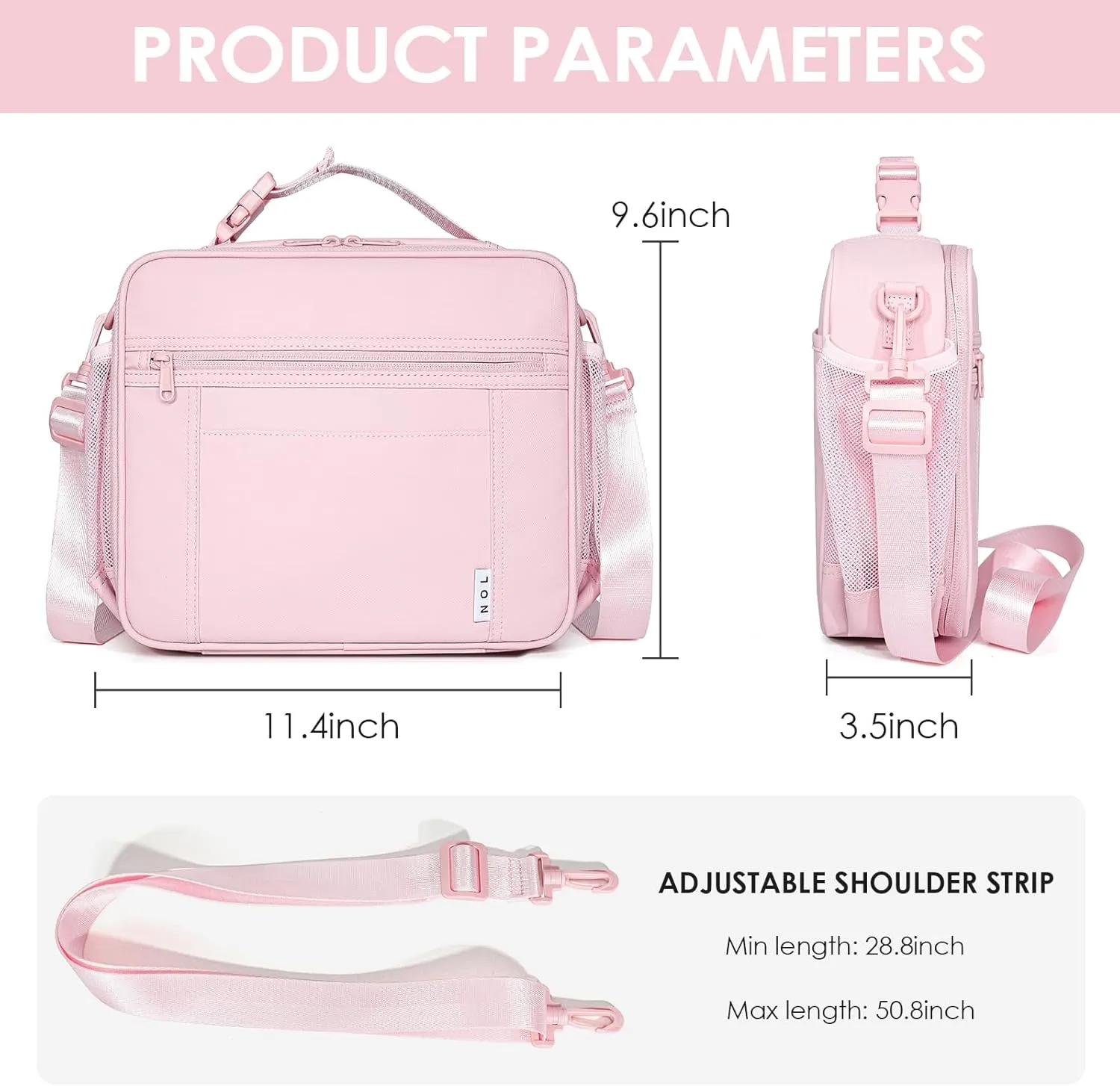 NOL Kids Lunch Bag - Kids 3  Reusable Insulated Lunch Box with Zipper Closure Buckle Handle Adjustable Long Shoulder Strap, Easy-Clean Waterproof Fabric, Children Lunch Tote Bag for School -Pink
