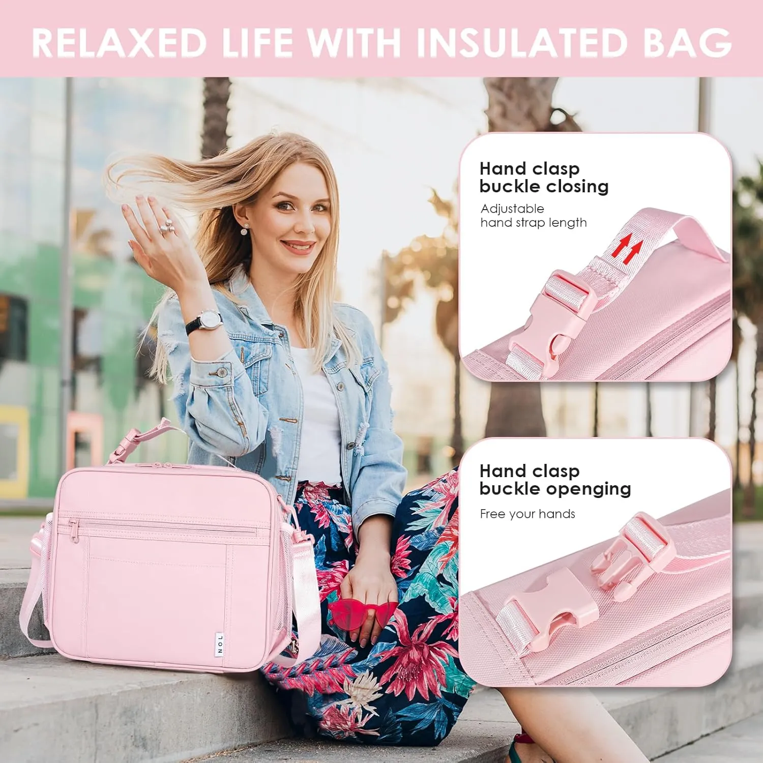 NOL Kids Lunch Bag - Kids 3  Reusable Insulated Lunch Box with Zipper Closure Buckle Handle Adjustable Long Shoulder Strap, Easy-Clean Waterproof Fabric, Children Lunch Tote Bag for School -Pink