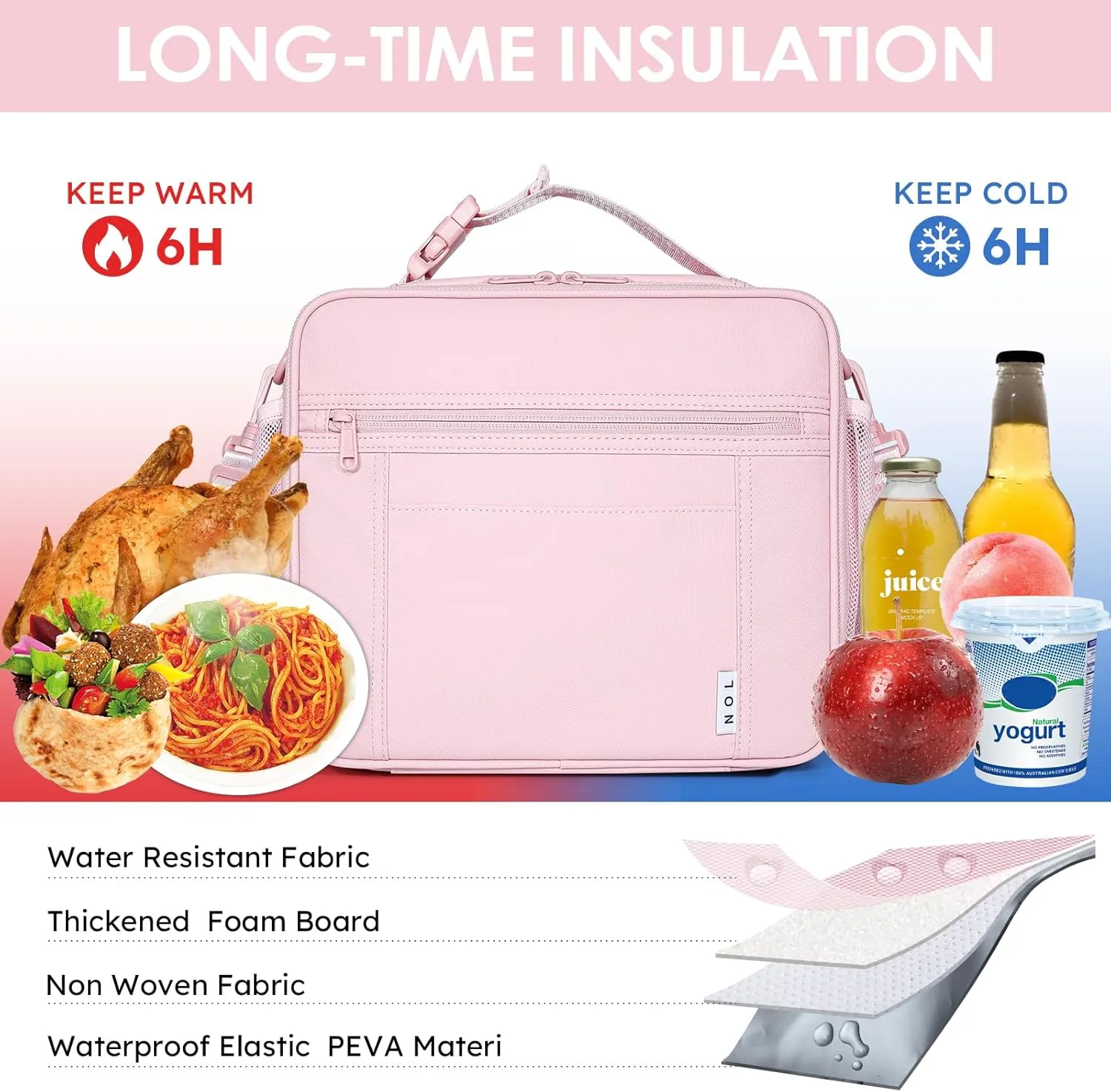 NOL Kids Lunch Bag - Kids 3  Reusable Insulated Lunch Box with Zipper Closure Buckle Handle Adjustable Long Shoulder Strap, Easy-Clean Waterproof Fabric, Children Lunch Tote Bag for School -Pink