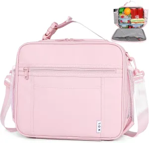 NOL Kids Lunch Bag - Kids 3  Reusable Insulated Lunch Box with Zipper Closure Buckle Handle Adjustable Long Shoulder Strap, Easy-Clean Waterproof Fabric, Children Lunch Tote Bag for School -Pink