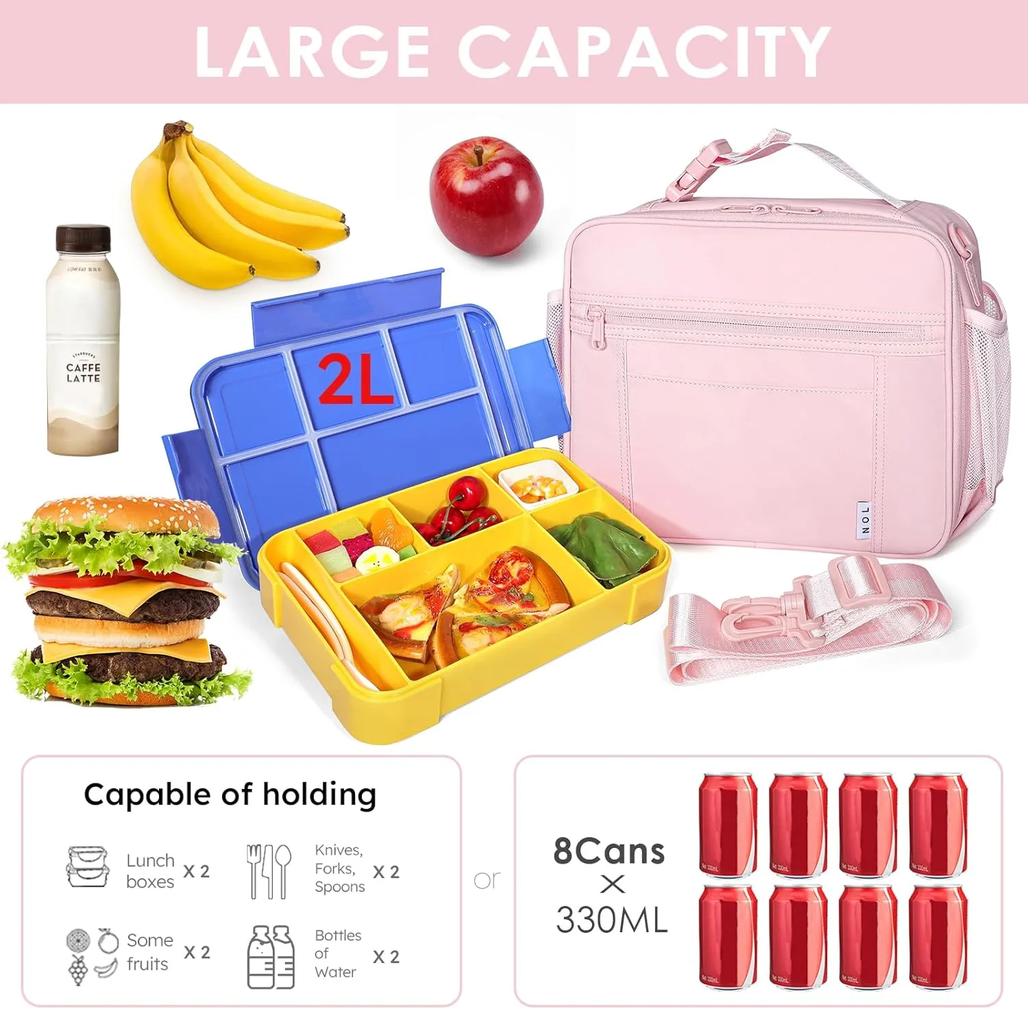 NOL Kids Lunch Bag - Kids 3  Reusable Insulated Lunch Box with Zipper Closure Buckle Handle Adjustable Long Shoulder Strap, Easy-Clean Waterproof Fabric, Children Lunch Tote Bag for School -Pink