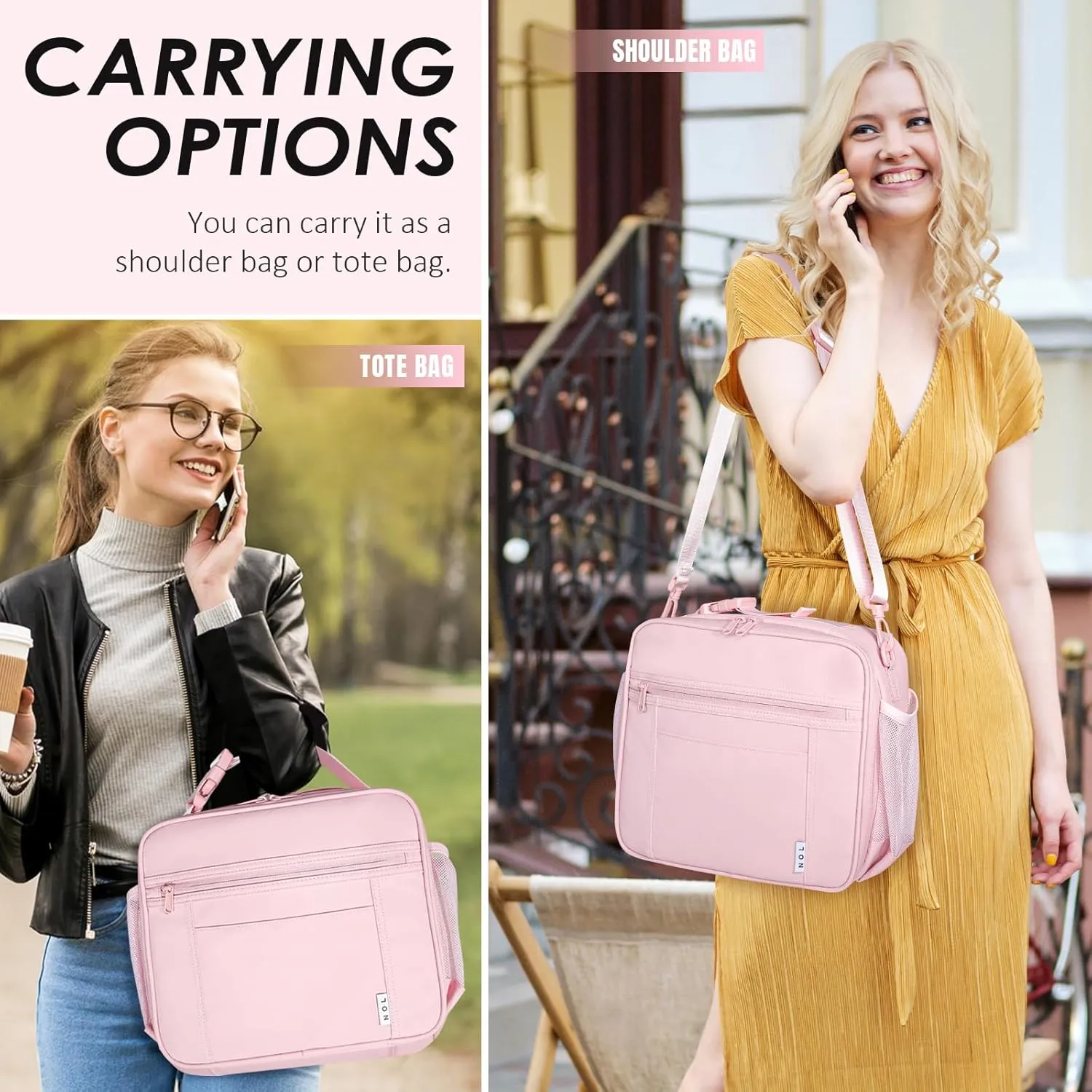 NOL Kids Lunch Bag - Kids 3  Reusable Insulated Lunch Box with Zipper Closure Buckle Handle Adjustable Long Shoulder Strap, Easy-Clean Waterproof Fabric, Children Lunch Tote Bag for School -Pink