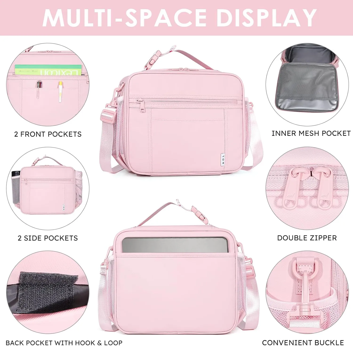 NOL Kids Lunch Bag - Kids 3  Reusable Insulated Lunch Box with Zipper Closure Buckle Handle Adjustable Long Shoulder Strap, Easy-Clean Waterproof Fabric, Children Lunch Tote Bag for School -Pink
