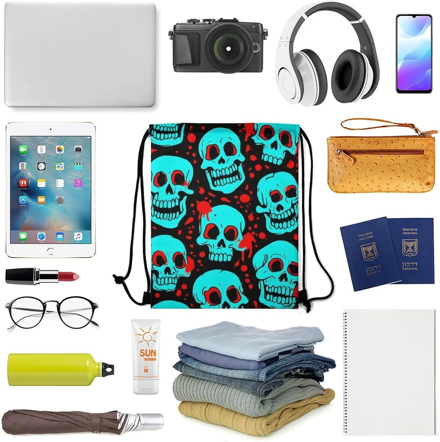 Novelty Unisex Draw String Bag, Large Capacity Halloween Cool Red Blood Zombie Skull Drawstring Backpack Foldable Waterproof Sports Gym Bags with Strap for Cycling
