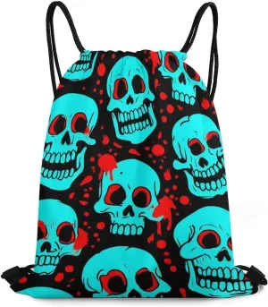 Novelty Unisex Draw String Bag, Large Capacity Halloween Cool Red Blood Zombie Skull Drawstring Backpack Foldable Waterproof Sports Gym Bags with Strap for Cycling