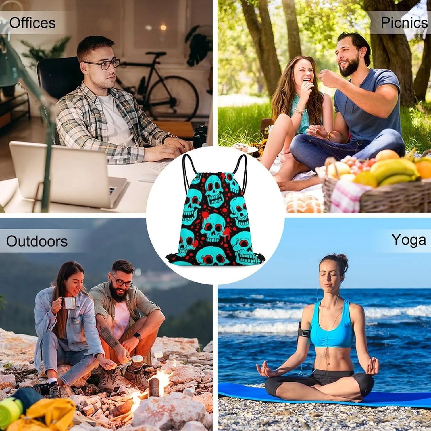 Novelty Unisex Draw String Bag, Large Capacity Halloween Cool Red Blood Zombie Skull Drawstring Backpack Foldable Waterproof Sports Gym Bags with Strap for Cycling