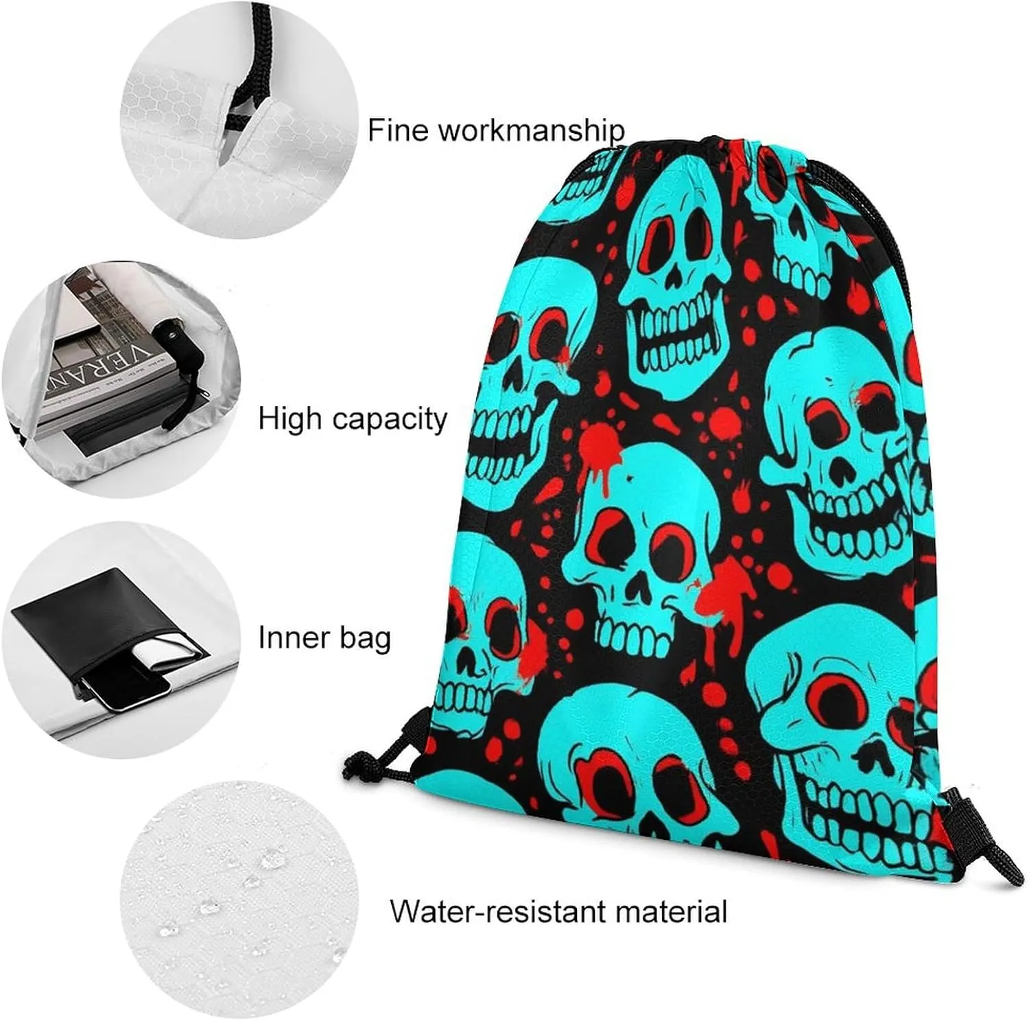 Novelty Unisex Draw String Bag, Large Capacity Halloween Cool Red Blood Zombie Skull Drawstring Backpack Foldable Waterproof Sports Gym Bags with Strap for Cycling