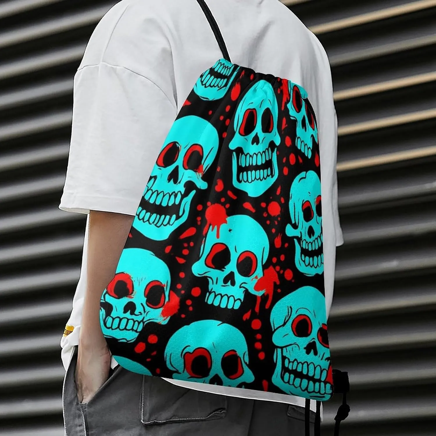 Novelty Unisex Draw String Bag, Large Capacity Halloween Cool Red Blood Zombie Skull Drawstring Backpack Foldable Waterproof Sports Gym Bags with Strap for Cycling