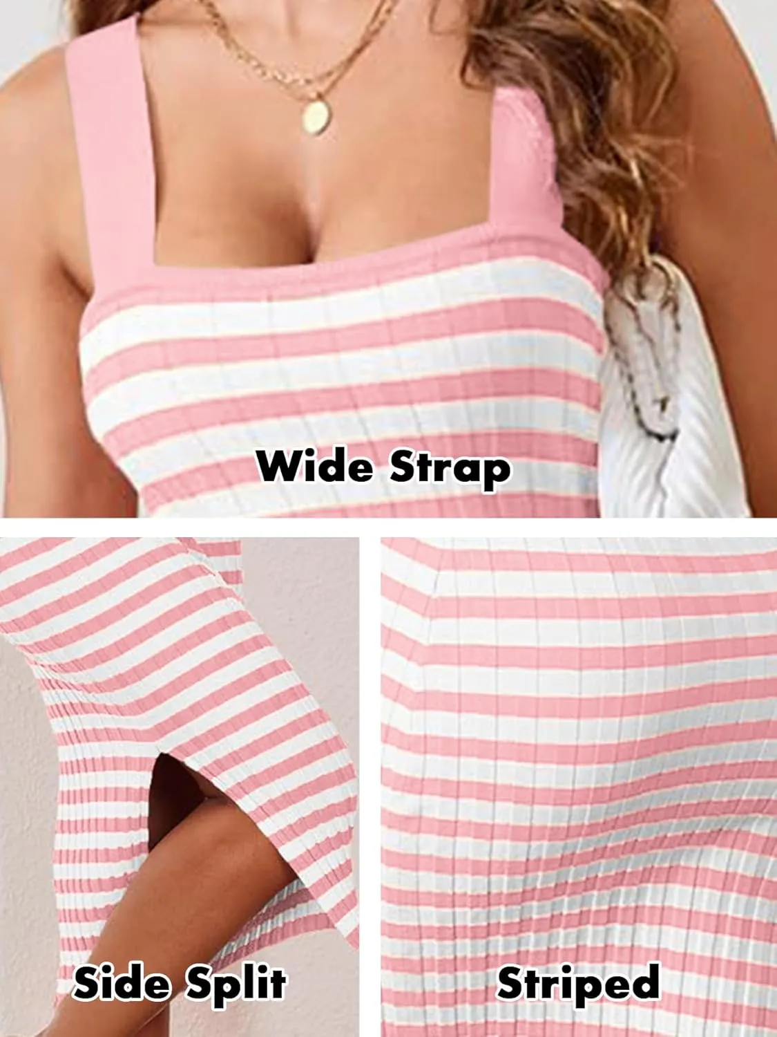 NTSWZYS Women's Sleeveless Striped Knit Bodycon Midi Dress Square Neck Side Slit Ribbed Knit Sweater 2025 Summer Dresses