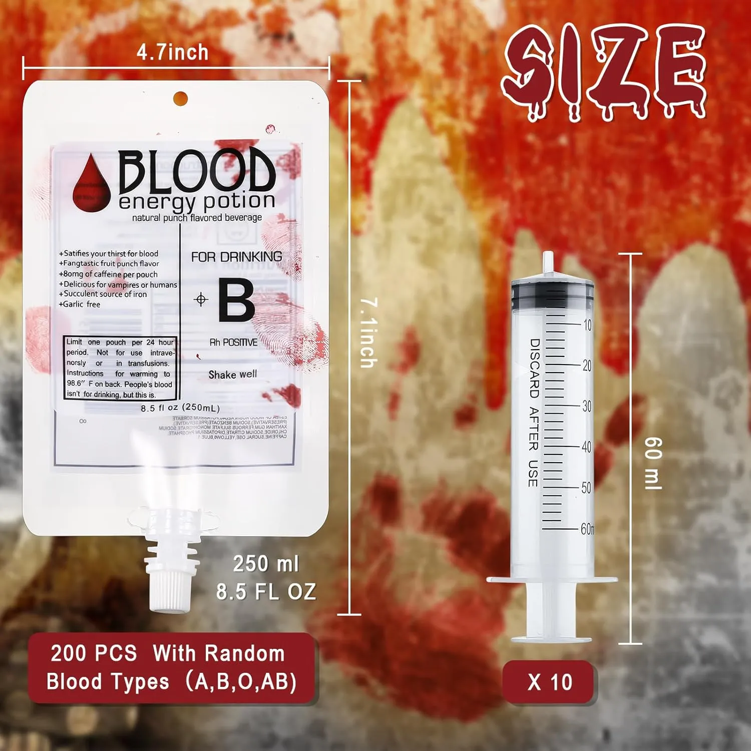 Nuenen 200 Pcs Halloween Blood Bags, Vampire Party Drinking Pouches, Reusable Juice Puree Energy Container 8.5 Oz with Cap for Nurse Graduation Party