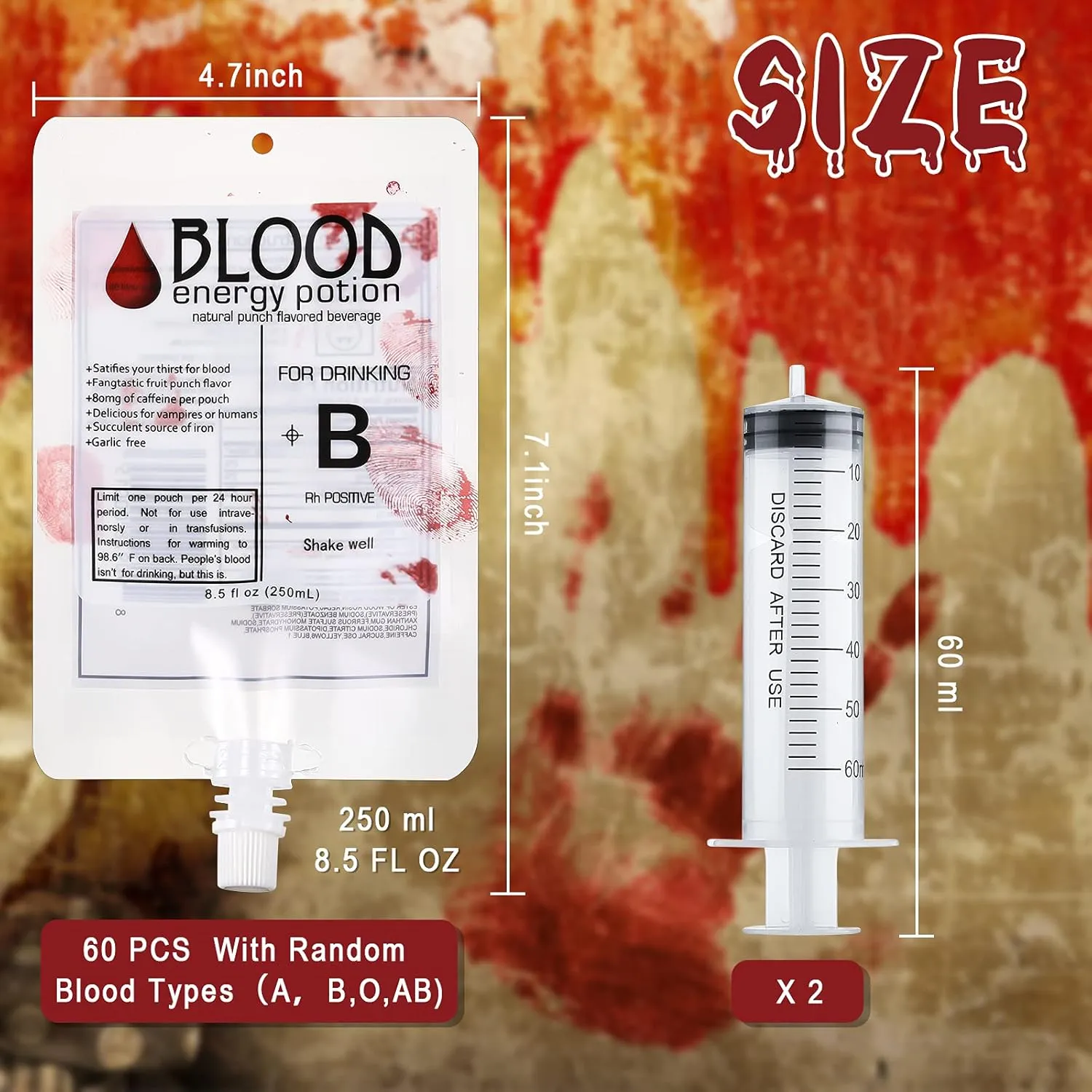 Nuenen 60 Pcs Halloween Blood Bags, Vampire Party Drinking Pouches, Reusable Juice Puree Energy Container 8.5 Oz with Cap for Nurse Graduation Party