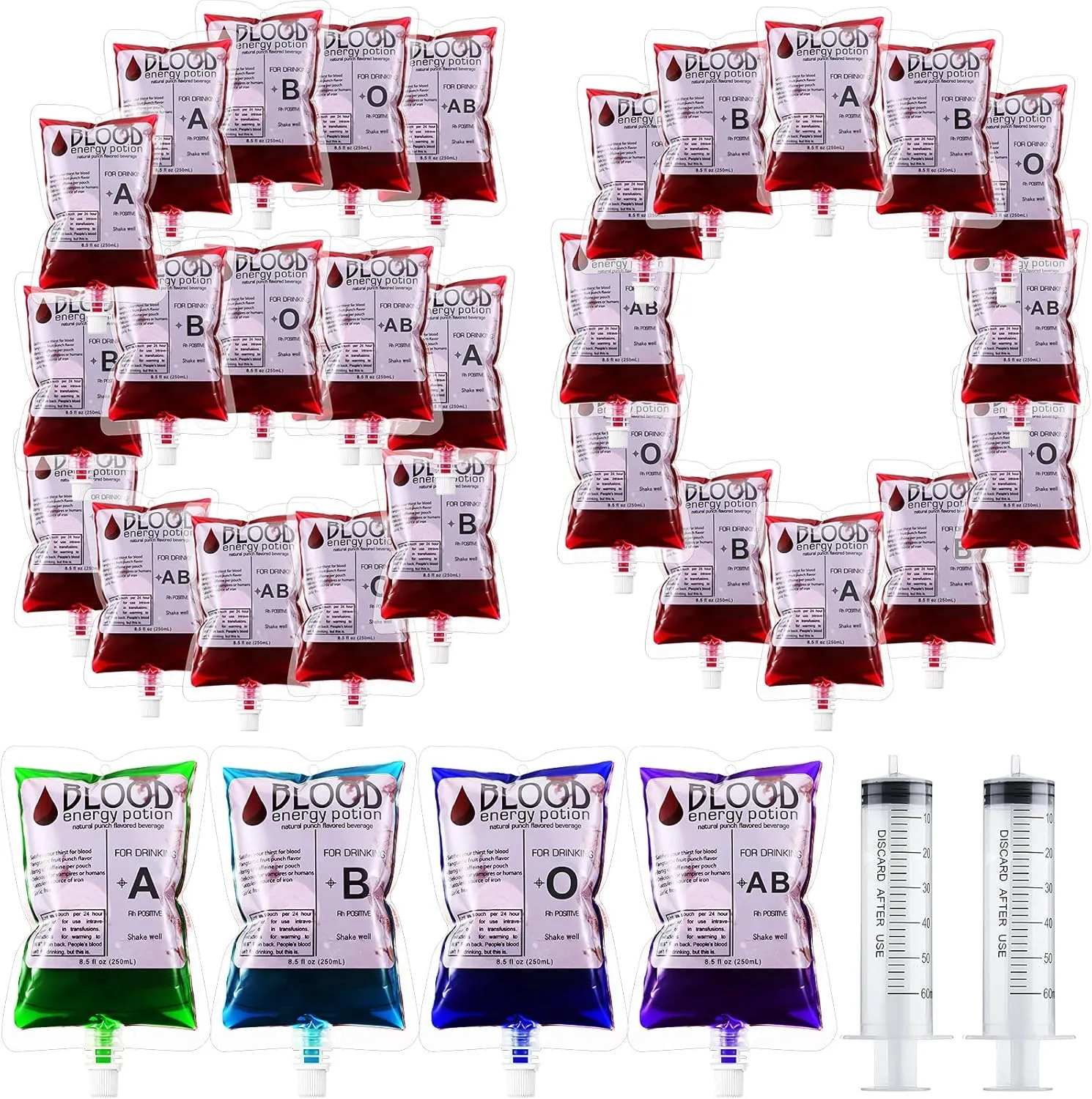 Nuenen 60 Pcs Halloween Blood Bags, Vampire Party Drinking Pouches, Reusable Juice Puree Energy Container 8.5 Oz with Cap for Nurse Graduation Party