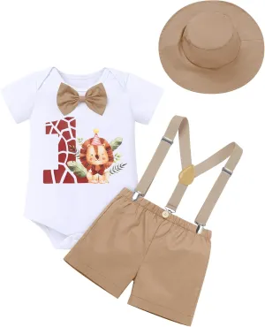 ODASDO Baby Boys Jungle Safari First Birthday Outfit Cotton Short Sleeve Romper Shorts Suspenders Hat Set