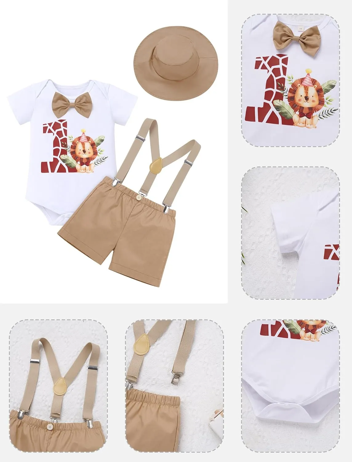 ODASDO Baby Boys Jungle Safari First Birthday Outfit Cotton Short Sleeve Romper Shorts Suspenders Hat Set