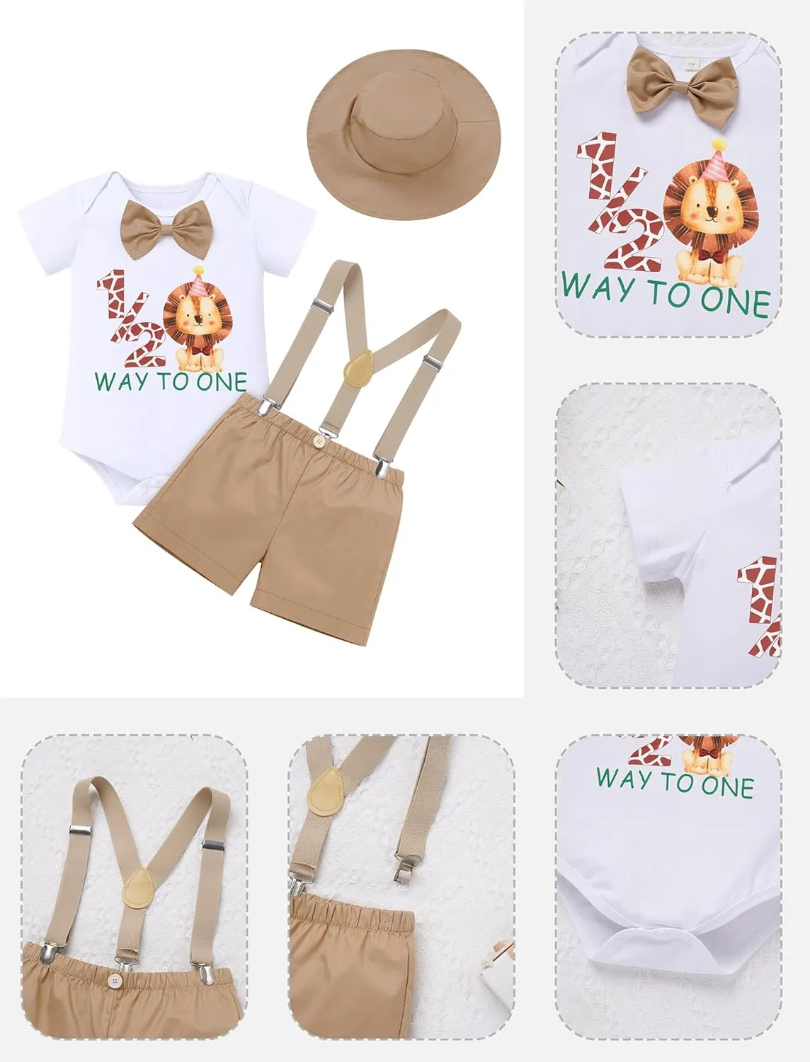 ODASDO Baby Boys Jungle Safari First Birthday Outfit Cotton Short Sleeve Romper Shorts Suspenders Hat Set