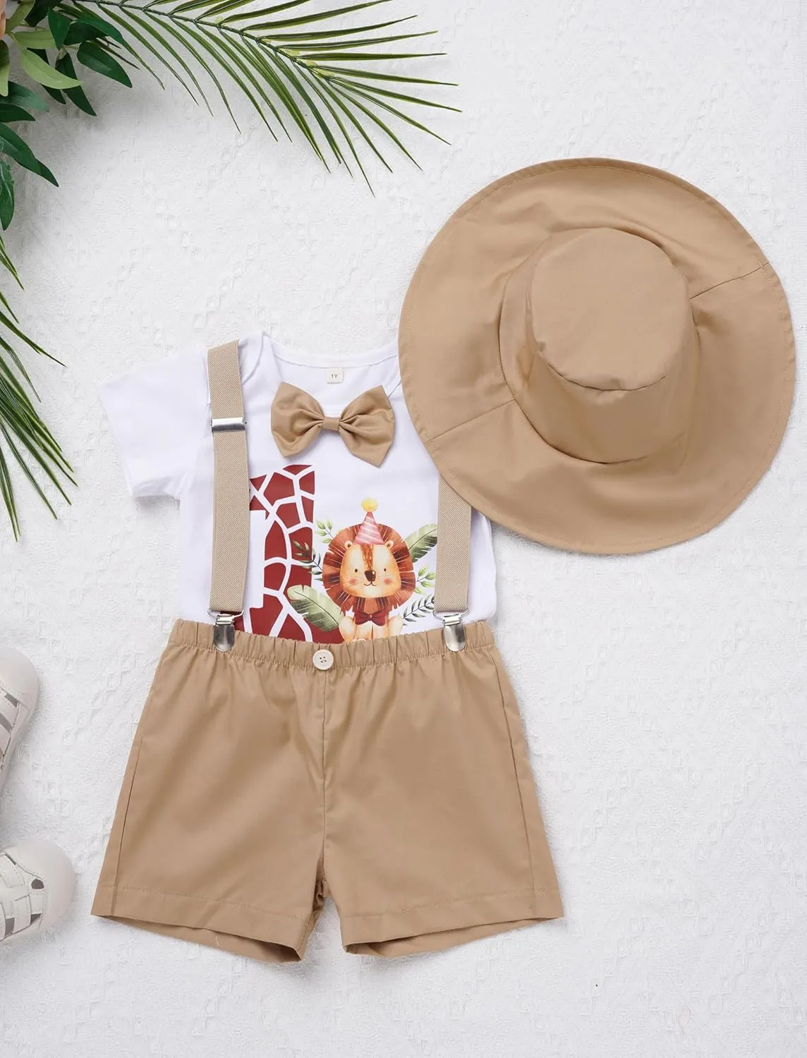 ODASDO Baby Boys Jungle Safari First Birthday Outfit Cotton Short Sleeve Romper Shorts Suspenders Hat Set