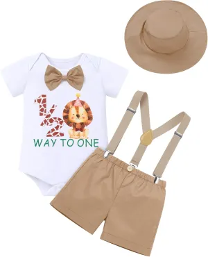 ODASDO Baby Boys Jungle Safari First Birthday Outfit Cotton Short Sleeve Romper Shorts Suspenders Hat Set
