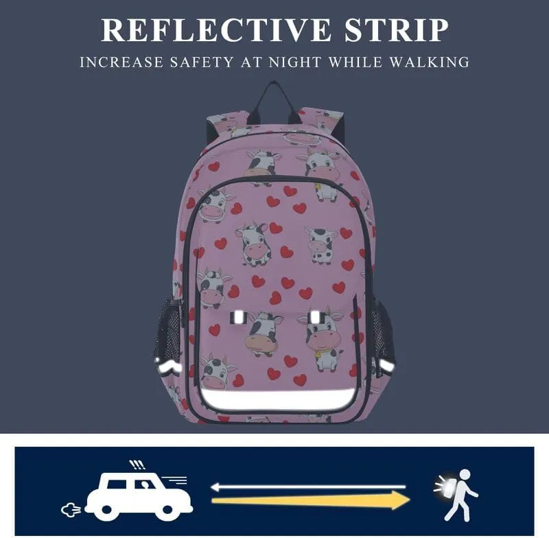 ODAWA Cute Cows Red Hearts Bakcpack Travel School Bag with Side Pockets Girls Boys Backpack, 17 Inch