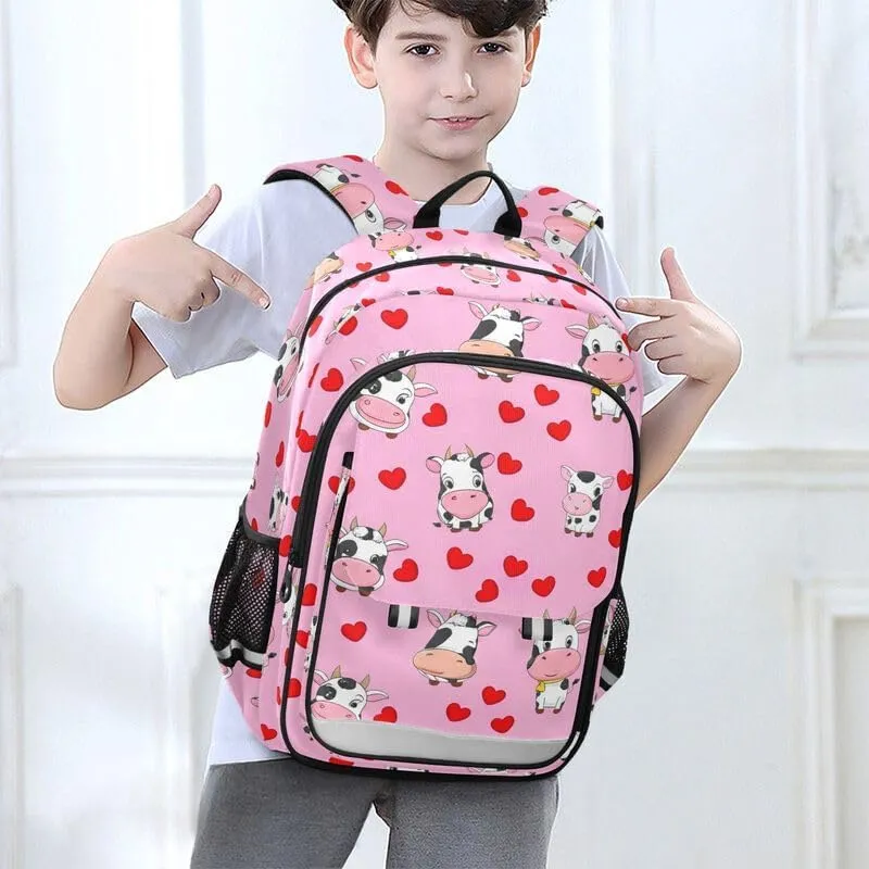 ODAWA Cute Cows Red Hearts Bakcpack Travel School Bag with Side Pockets Girls Boys Backpack, 17 Inch