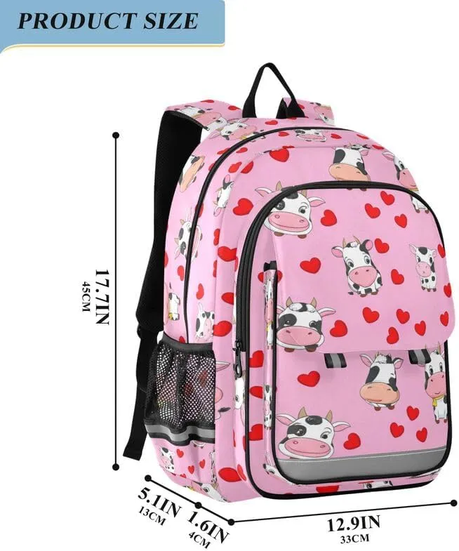 ODAWA Cute Cows Red Hearts Bakcpack Travel School Bag with Side Pockets Girls Boys Backpack, 17 Inch