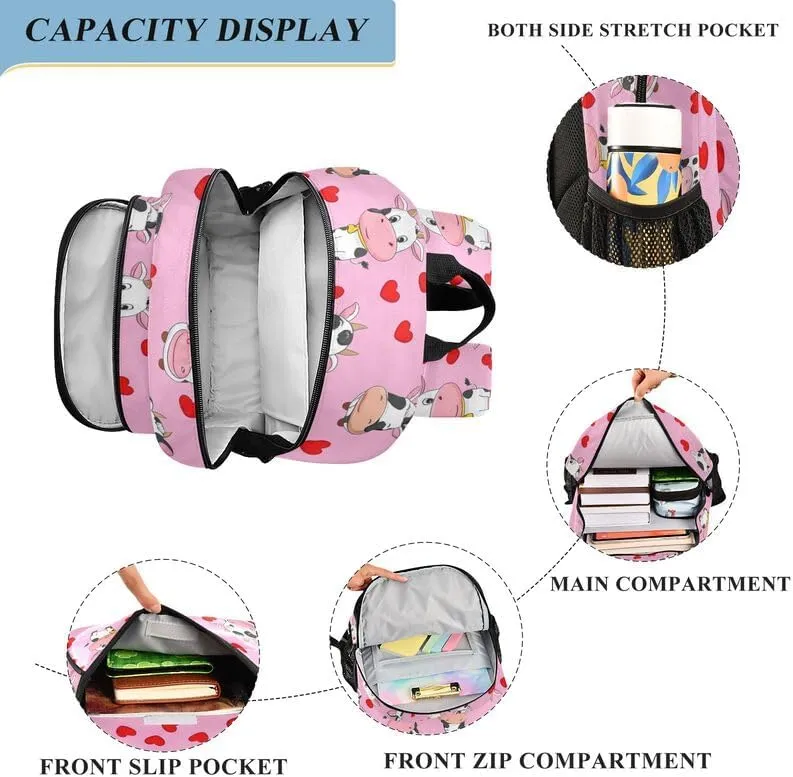 ODAWA Cute Cows Red Hearts Bakcpack Travel School Bag with Side Pockets Girls Boys Backpack, 17 Inch