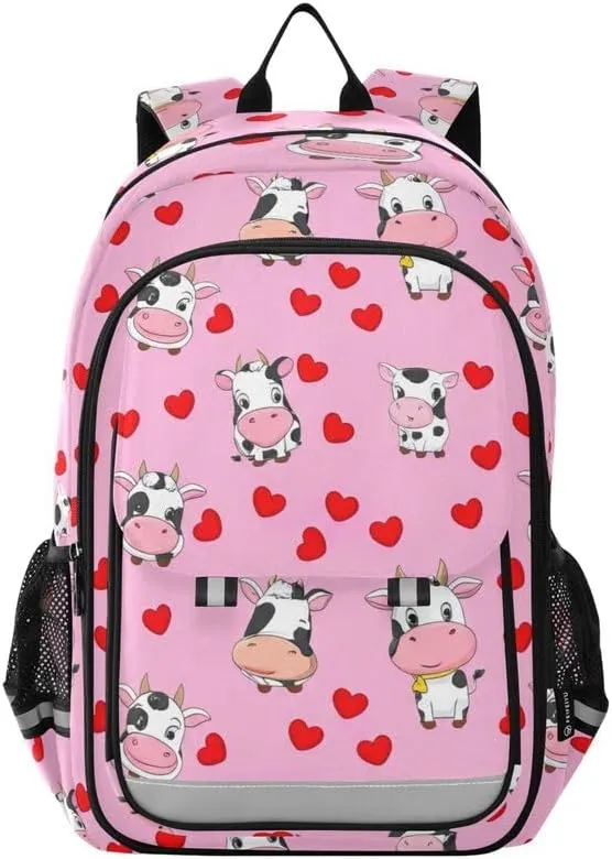 ODAWA Cute Cows Red Hearts Bakcpack Travel School Bag with Side Pockets Girls Boys Backpack, 17 Inch