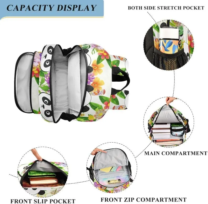 ODAWA Cute Pandas Colorful Flowers Backpack for Kids Sturdy Durable Travel Gifts Presents Kids Backpack Ages 6-12