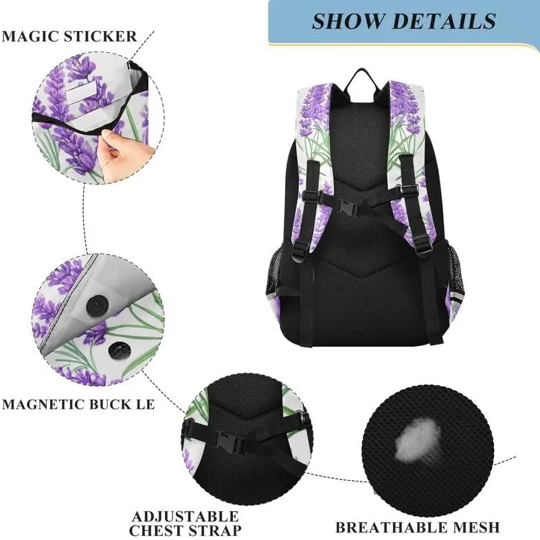 ODAWA Lavender Flowers Leaves White Kids Personalized Backpack Sturdy Durable Travel Gifts Presents Kids Backpack Ages 6-12