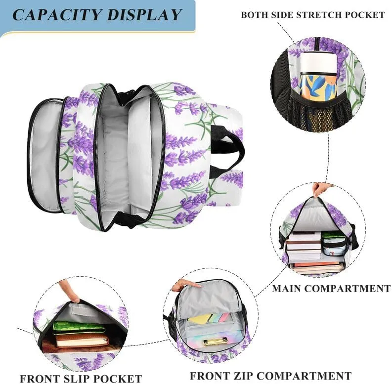 ODAWA Lavender Flowers Leaves White Kids Personalized Backpack Sturdy Durable Travel Gifts Presents Kids Backpack Ages 6-12