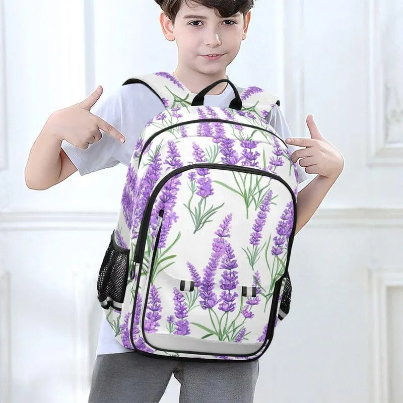 ODAWA Lavender Flowers Leaves White Kids Personalized Backpack Sturdy Durable Travel Gifts Presents Kids Backpack Ages 6-12