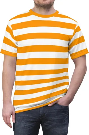 Orange and White Striped Tshirt, Horizontal Bold Stripes Designer Lightweight Heavyweight Crewneck Men Women Tee Top Shirt