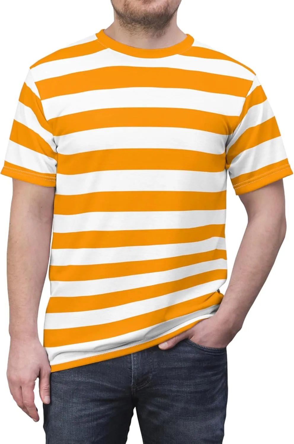 Orange and White Striped Tshirt, Horizontal Bold Stripes Designer Lightweight Heavyweight Crewneck Men Women Tee Top Shirt