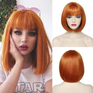 Orange Bob Wigs with Bangs Short Straight Bob Wig For Women Shoulder Length Synthetic Wigs For Halloween Daily Party Cosplay