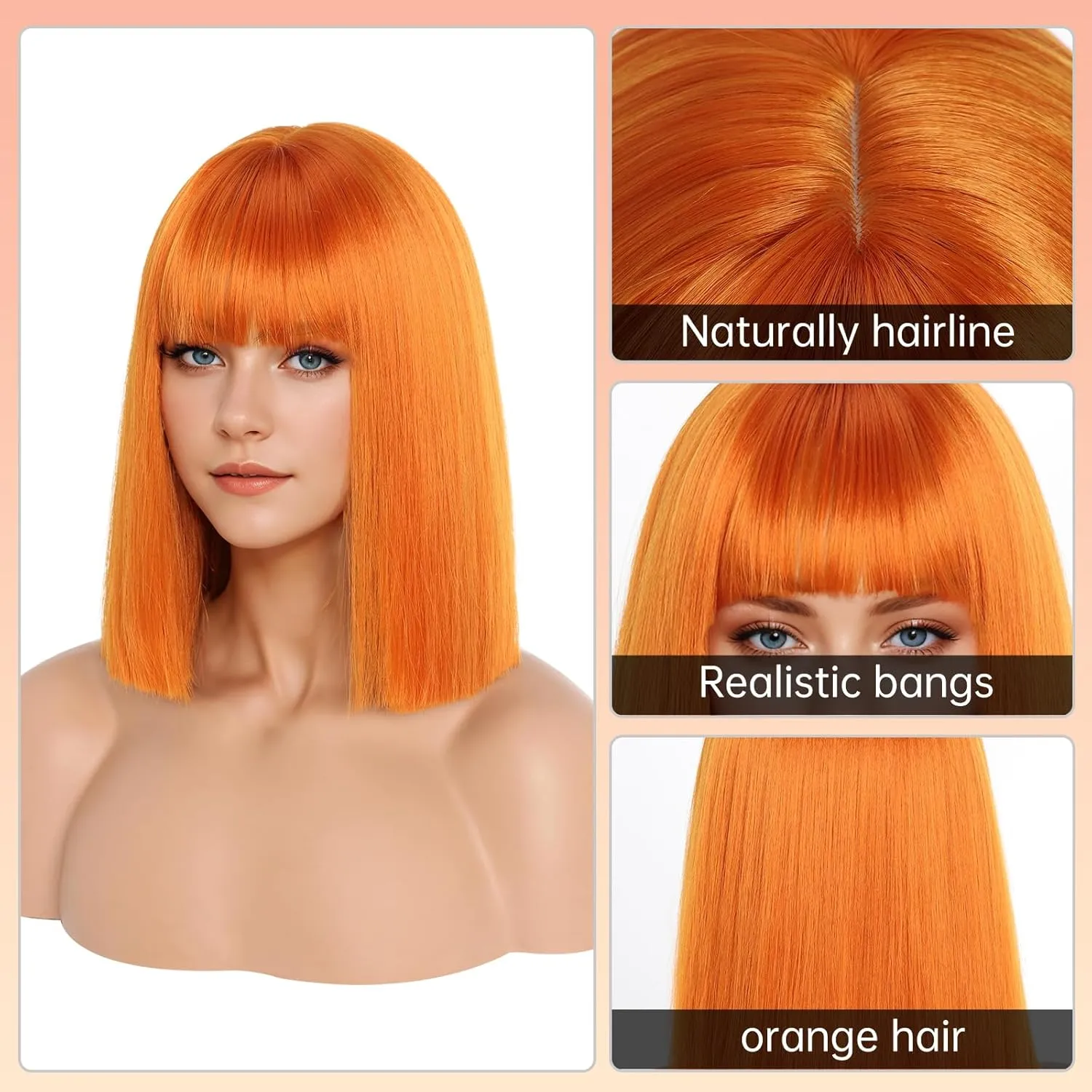 Orange Wig With Bangs Short Bob Straight Wigs for Women Shoulder Length Orange Natural Looking Synthetic Heat Resistant Fiber Wigs for Halloween Costumes Cosplay Daily Use(12 Inch)