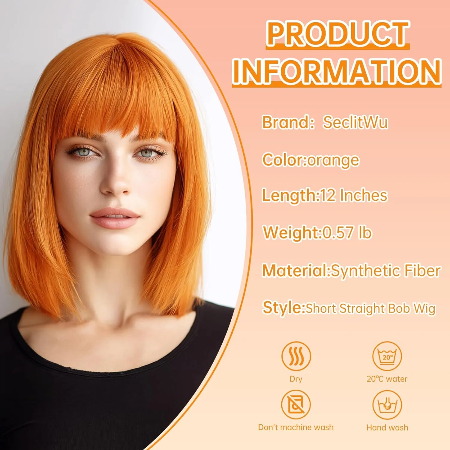 Orange Wig With Bangs Short Bob Straight Wigs for Women Shoulder Length Orange Natural Looking Synthetic Heat Resistant Fiber Wigs for Halloween Costumes Cosplay Daily Use(12 Inch)