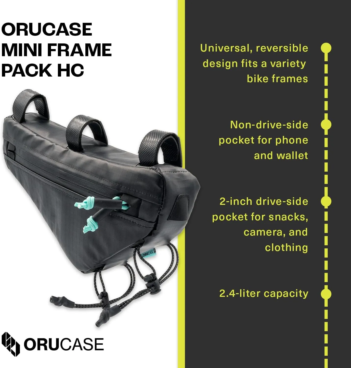 ORUCASE Mini Frame Pack HC - Waterproof, Small Bike Bag - Universal, Triangle Cycling Pouch - Road, Gravel, MTB Bicycle Accessories, 2.4 L, Black
